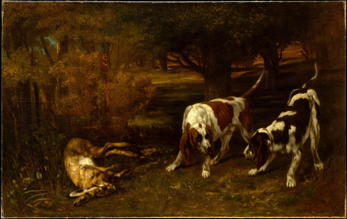 hunting dogs with dead hare 1857